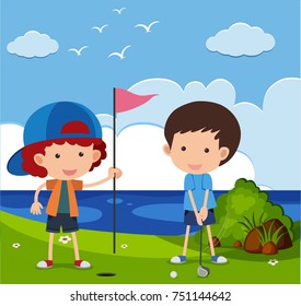 Two boys playing golf in the field illustration