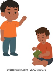 Dois Meninos Brincando com um Cubo Verde, Uma ilustração de dois meninos jovens, um em pé e acenando, o outro sentado e brincando com um cubo verde.
