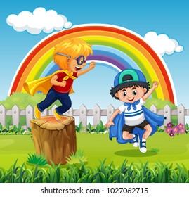 Two boys playing hero in the park illustration