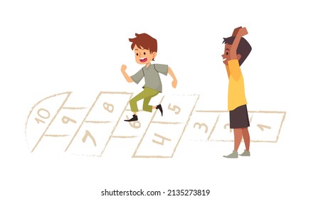 Two boys playing hopscotch active sport game together, cartoon flat vector illustration isolated on white background. Kids outdoor activity and sport games.