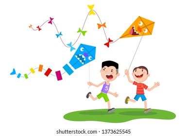 Two boys playing with a kites in the summer park on white background.
