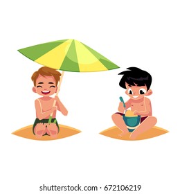 Two boys playing on the beach - one filling bucket, another hiding under umbrella, cartoon vector illustration isolated on white background. Boys, children, kids playing on the beach, summer vacation