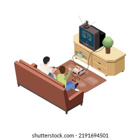 Two boys playing on retro games console on old tv 3d isometric vector illustration