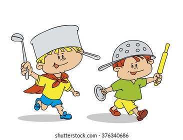 Two boys playing with pots on the head