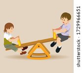 Two boys playing seesaw in the park. Children playing with seesaw. Playground and cheerful children concept.