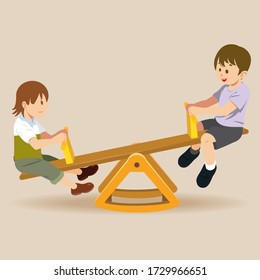 Two boys playing seesaw in the park. Children playing with seesaw. Playground and cheerful children concept.