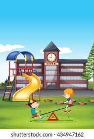 Two boys playing seesaw at school illustration