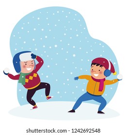 Two boys are playing snow throwing in the winter. Stock of children's vector illustrations.