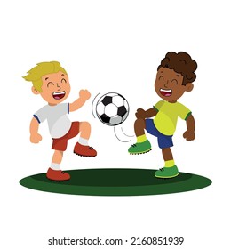 two boys playing soccer, children of different nationalities playing with soccer ball on a white background.