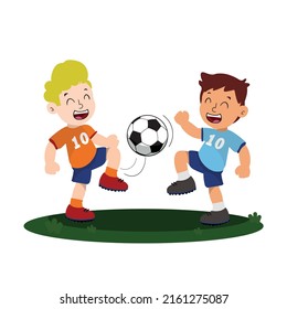 two boys playing soccer, children of different nationalities playing with soccer ball on a white background.