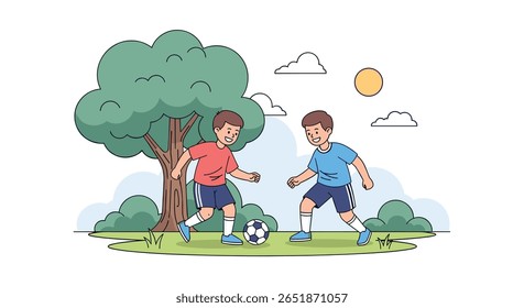 Two boys playing soccer in a park on a sunny day with a large tree and bushes surrounding them