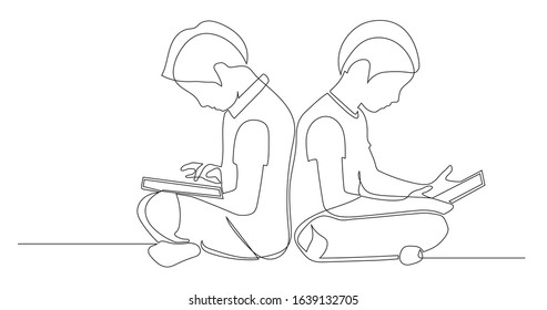 Two boys playing tablet. Continuous line drawing. Vector illustration.
