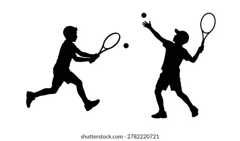 Two boys playing tennis with rackets and ball black silhouette