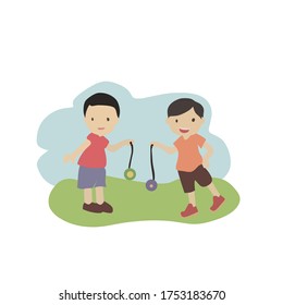 two boys playing yo-yo in the park, vector illustration, white background