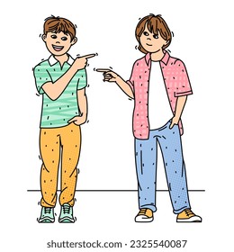 Two boys are pointing fingers at each other. Childrens cartoon characters. Funny vector illustration. Comic style.