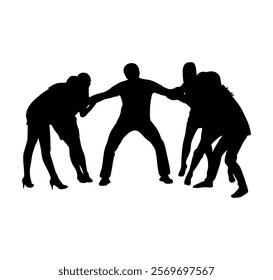 Two boys are pulling a girl with a rope. silhouettes of people in action