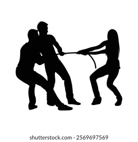 Two boys are pulling a girl with a rope. silhouettes of people in action