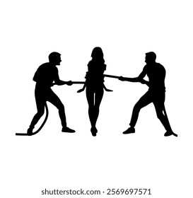 Two boys are pulling a girl with a rope. silhouettes of people in action