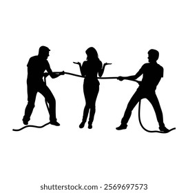 Two boys are pulling a girl with a rope. silhouettes of people in action