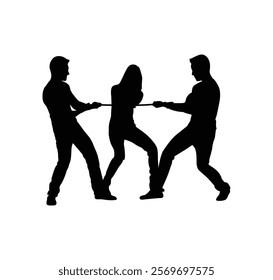 Two boys are pulling a girl with a rope. silhouettes of people in action