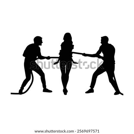 Two boys are pulling a girl with a rope. silhouettes of people in action