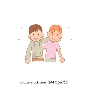 two boys are putting arms around each other's shoulders with smile on their faces. cartoon style illustration