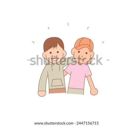 two boys are putting arms around each other's shoulders with smile on their faces. cartoon style illustration