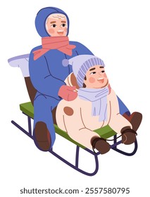  Two boys quickly going down a slide on a sled downhill. Winter sledding on a sled. Friends playing together in winter outside. Flat vector illustration, eps10