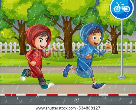 Two boys in raincoat running on pavement illustration