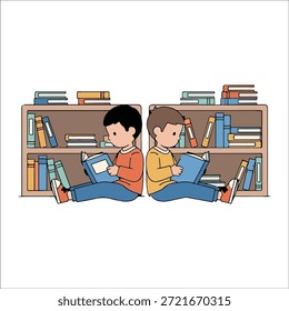 Zwei Jungen, die Bücher vor den Regalen von hinten lesen Schlüsselwörter: Jungen, Kinder, Lesen