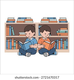 Zwei Jungen lesen Bücher vor Regalen auf weißem Hintergrund Schlüsselwörter: Jungen, Kinder