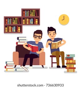 Two boys reading books isolated on white background - self-education flat concept. Vector illustration