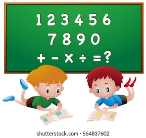 Two boys reading books with numbers illustration