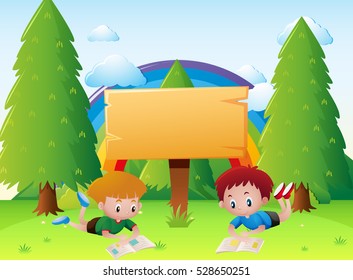Two boys reading books in park illustration