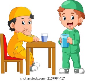 The two boys are ready for fasting break with the water of illustration