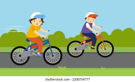 two boys ride bicycles on the path