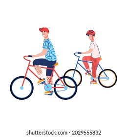 Two boys riding bicycles isolated on white background. Cartoon children or teenagers on bike ride together, vector illustration of friends or brothers biking.