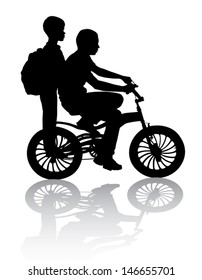 Two boys riding on a bicycle. Vector 