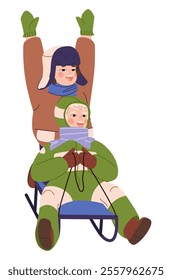 Two boys riding on a sled. Children's Laughter and adrenaline down the slide in the snow. Winter active games on the street. Rolling down the mountain on a sled. Flat vector illustration, eps10