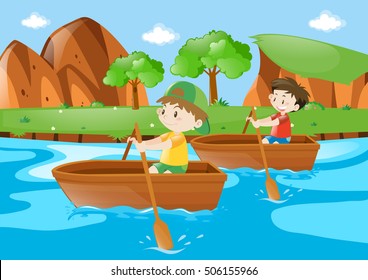 Two boys rowing boat along the river illustration