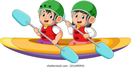 The two boys are rowing the canoe together of illustration