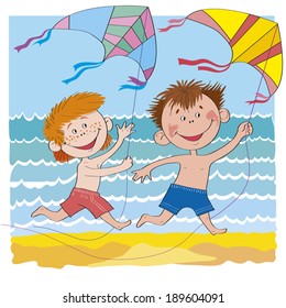 Two boys run on sand and hold kites.Separate layers of heroes and background for easy editing.Illustration done in cartoon style.