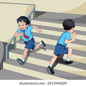 Two boys running up and down on the stairs vector illustration