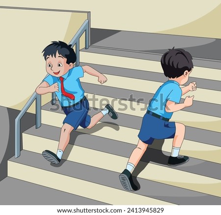 Two boys running up and down on the stairs vector illustration