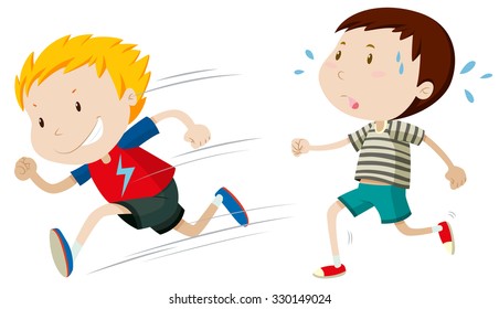 Two boys running fast and slow illustration