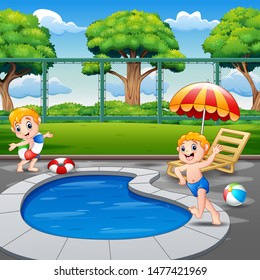 Two boys running on pool edge in backyard