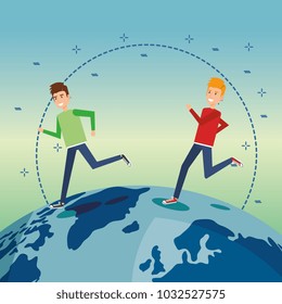two boys running on the world