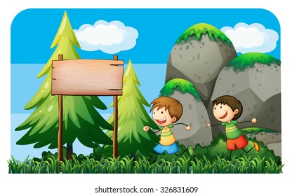 Two boys running in the park illustration