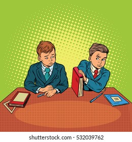 Two boys in school, bulling, discrimination. Pop art retro vector illustration. The feud between the children