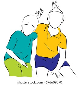 Two boys show each other the horns on their heads. Colored vector illustration on a theme of leisure, game of children.